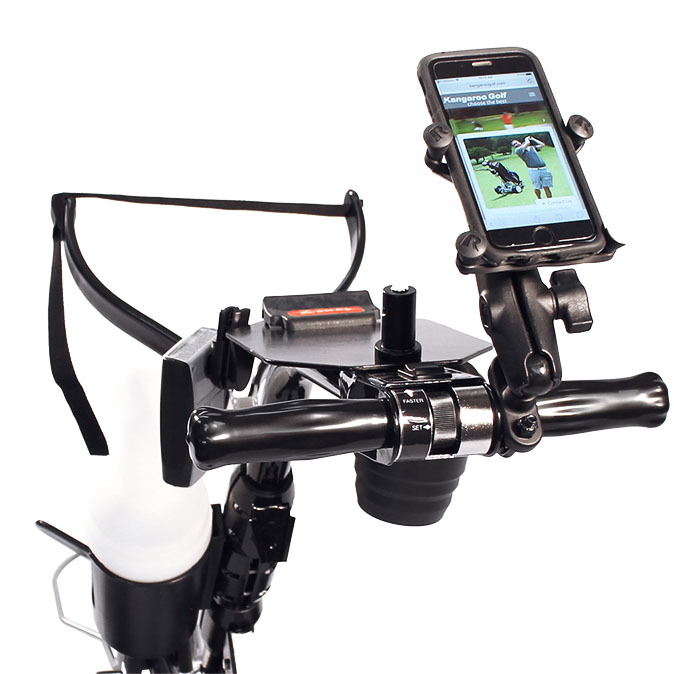 Smartphone Mount attached to Kangaroo electric golf caddy