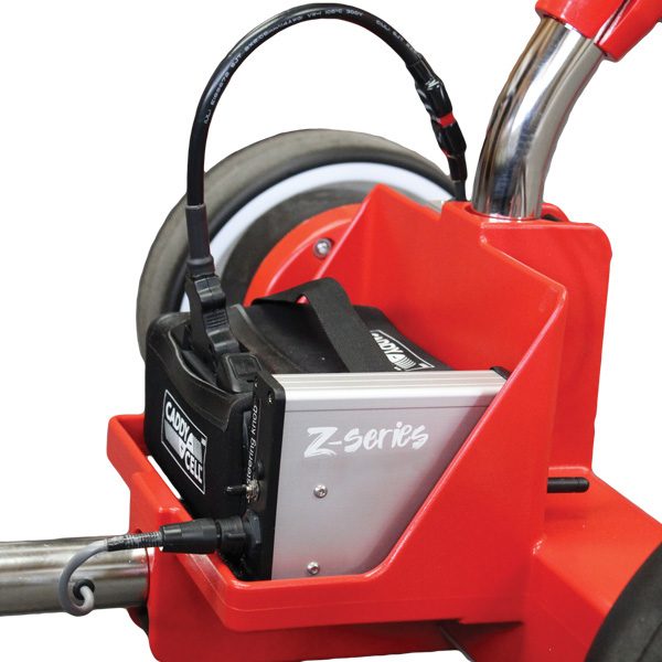 Zoomed in view of Kangaroo Z-series golf caddy's electronics Z-box and Caddycell lithium battery